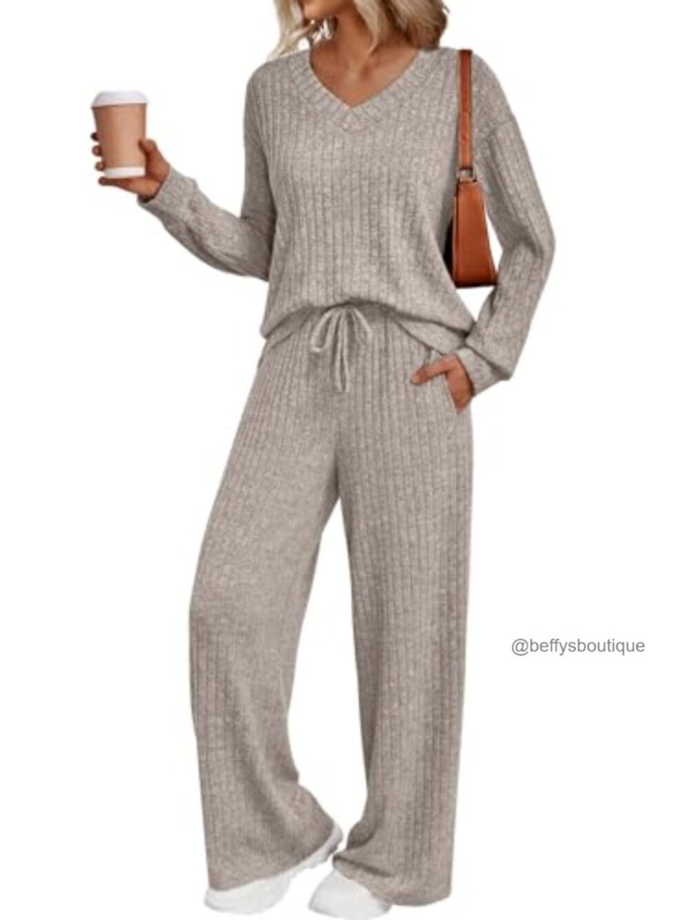 Ribbed Knit Lounge Set V-Neck Top Wide-Leg Pants Travel Outfit